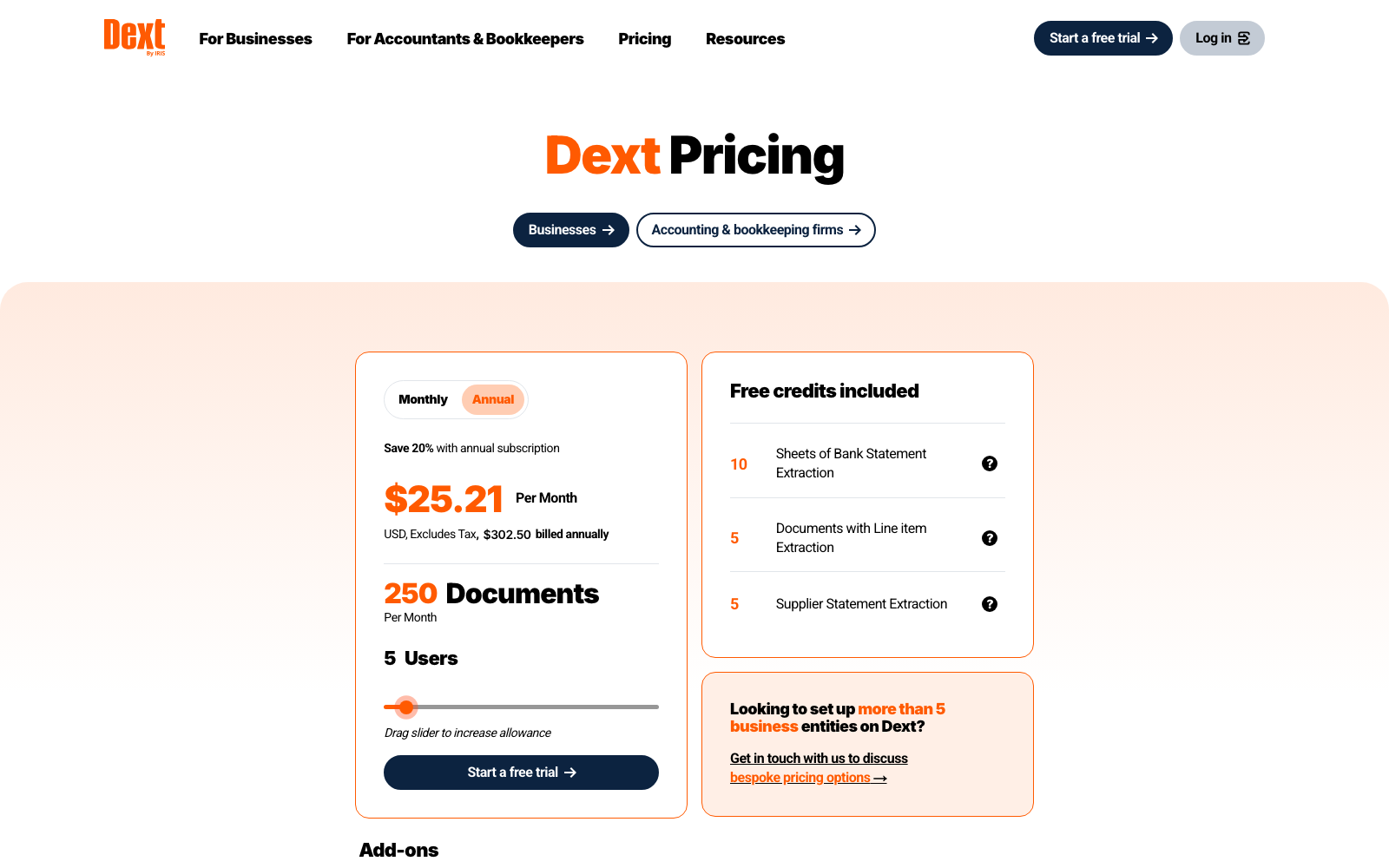 Dext's Business plan pricing page showing $25.21/month billed annually for 250 documents (July 2026)