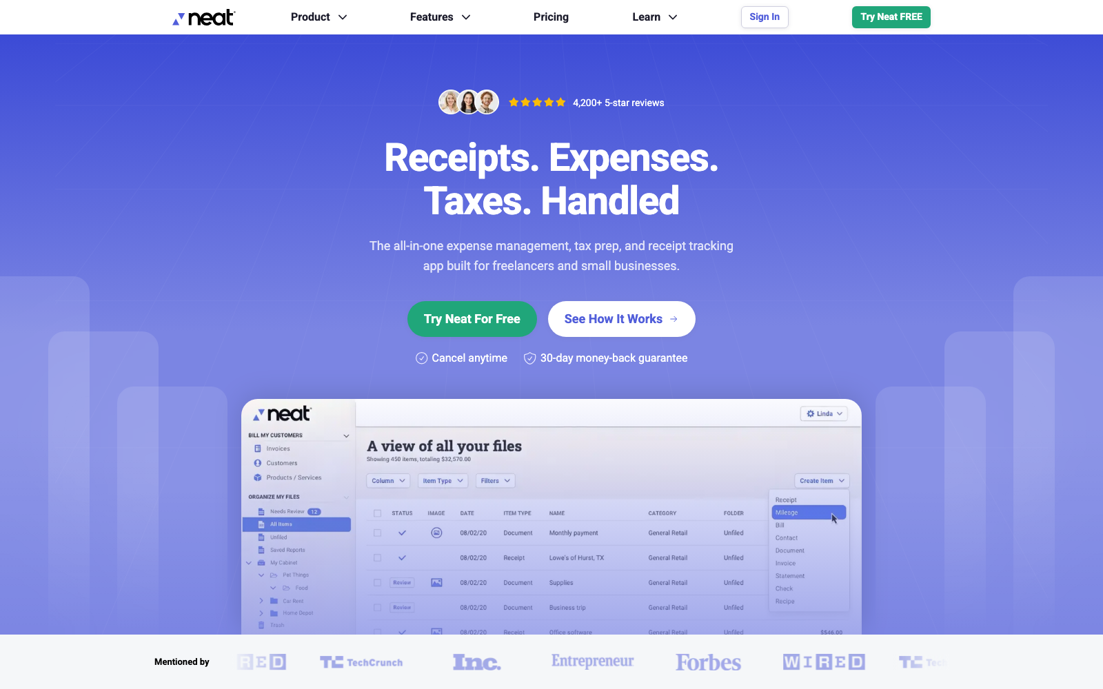 Neat homepage: receipts, expenses and taxes handled in one app
