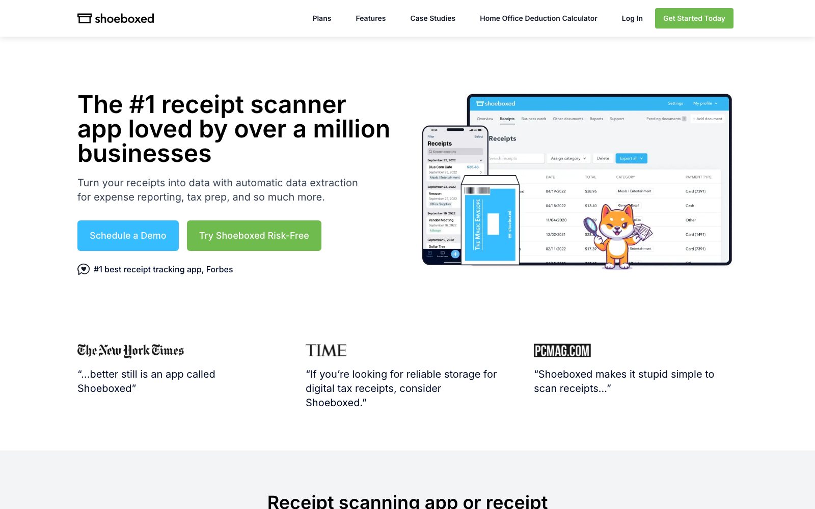 Shoeboxed homepage: the receipt scanner app with the Magic Envelope mail-in service