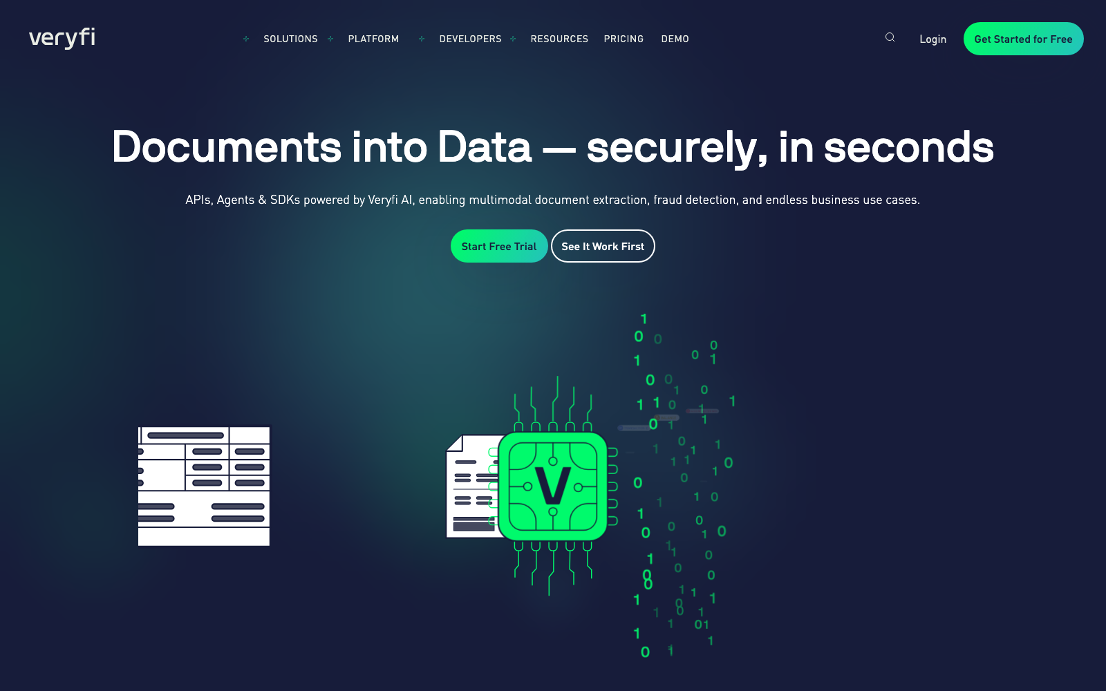 Veryfi homepage: documents into data, securely, in seconds