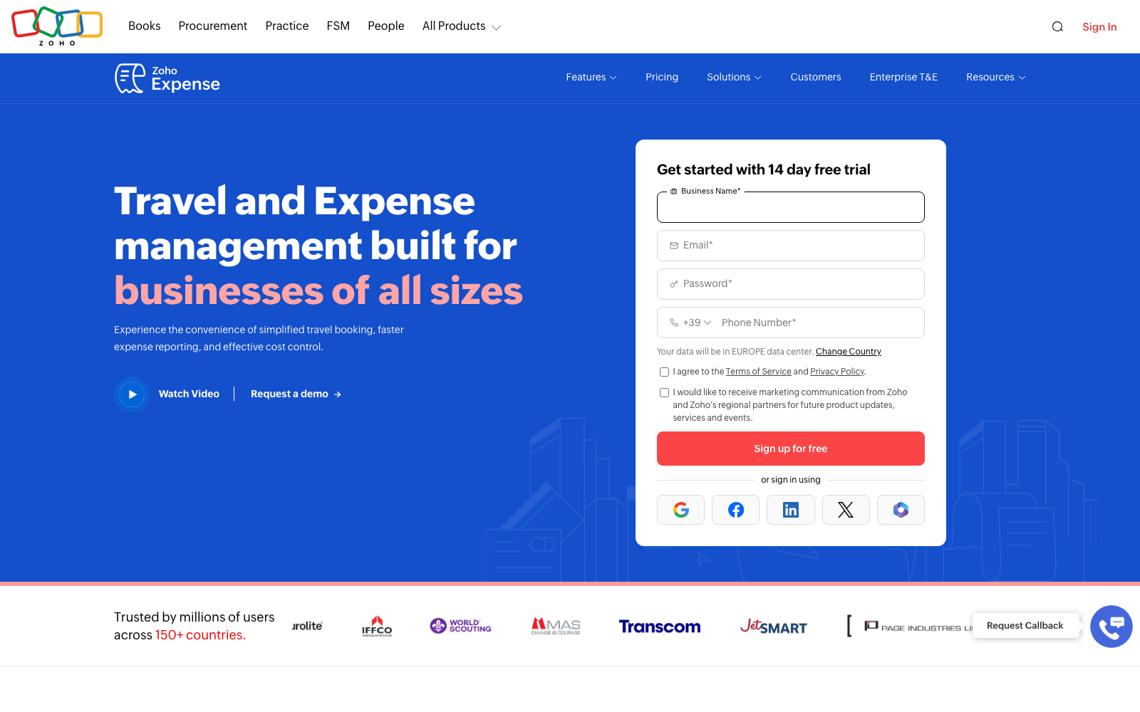 Zoho Expense homepage: travel and expense management for businesses of all sizes