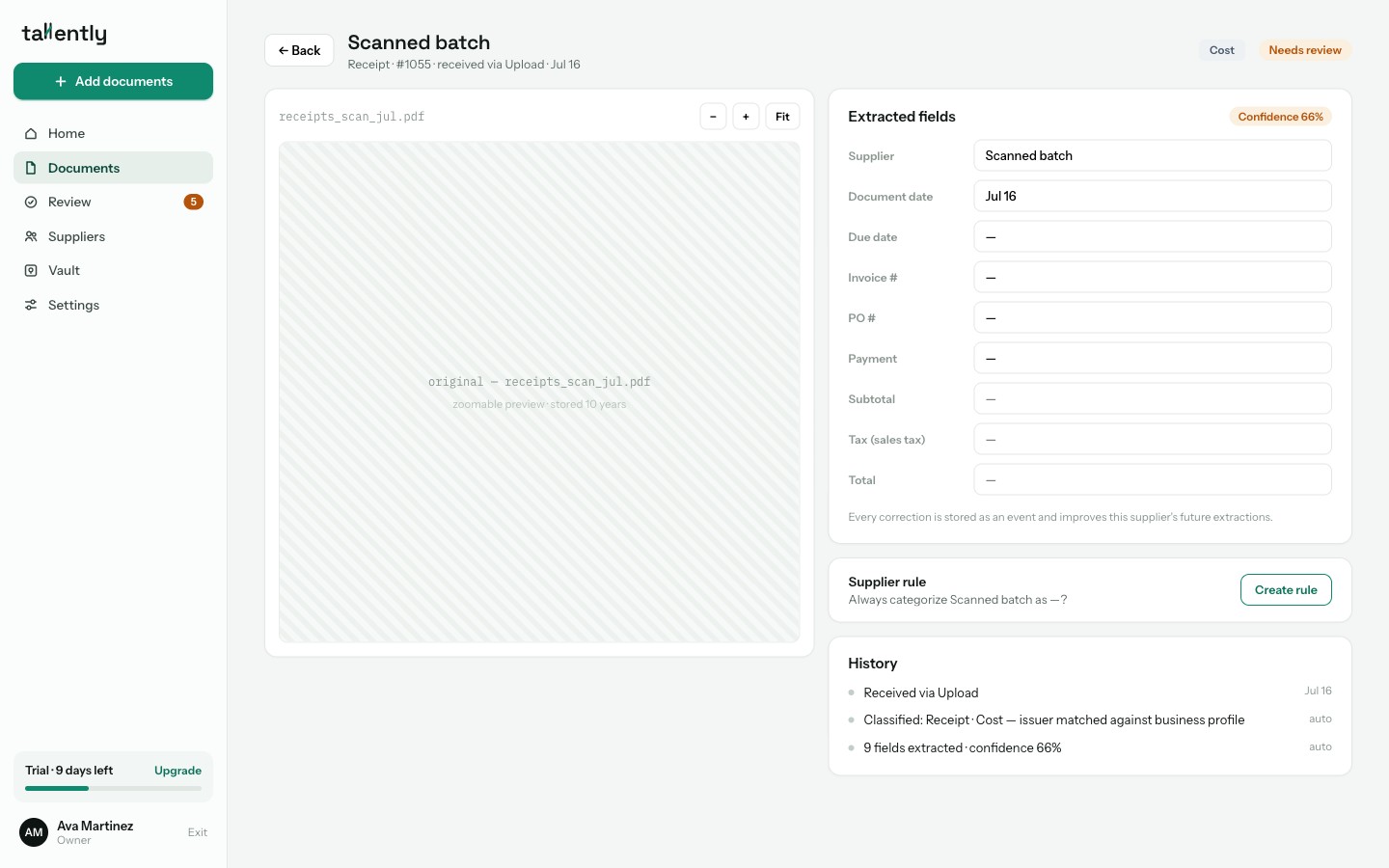 Tallently document detail: extracted fields with a per-field confidence score and full document history