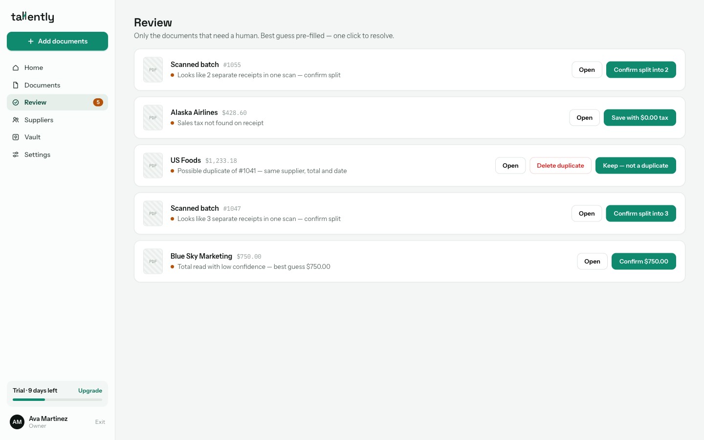 Tallently's Review queue listing only the documents that need a human, each with the best guess pre-filled