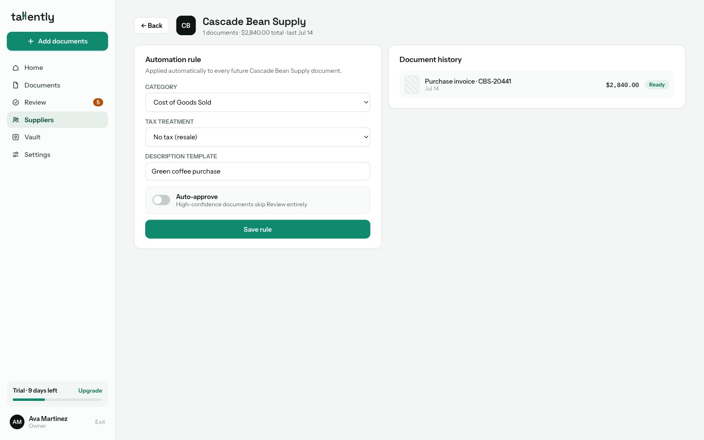 Tallently supplier rules: auto-categorise and auto-approve invoices from suppliers you already trust