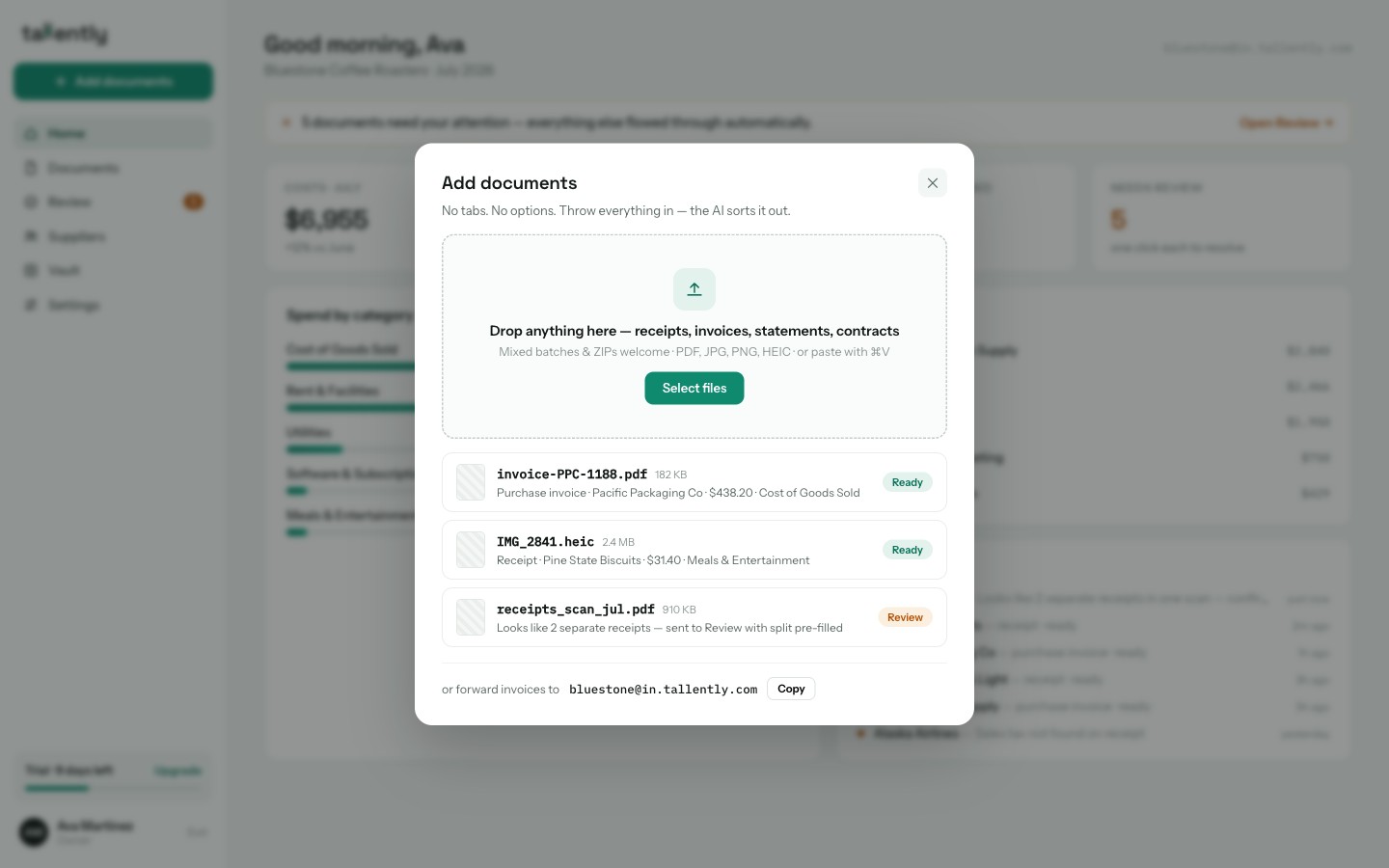 Tallently's single upload modal: one drop zone for receipts, invoices, statements and contracts — no tabs, no options